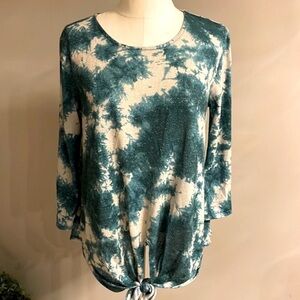Kim & Cami women’s metallic sheen splash pattern stretch knit top tie front Med